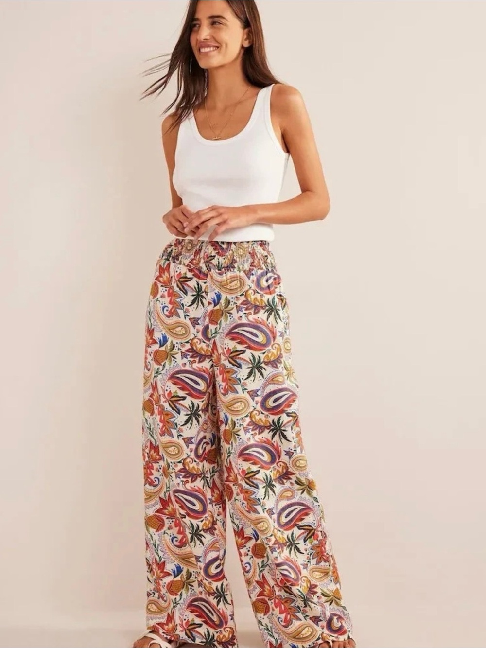 Boden Paradise Paisley 100% Linen Wide Leg Pants 12R Multicolor Pull On $160